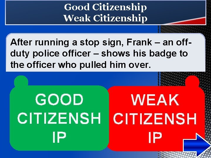 Good Citizenship Weak Citizenship After running a stop sign, Frank – an offduty police