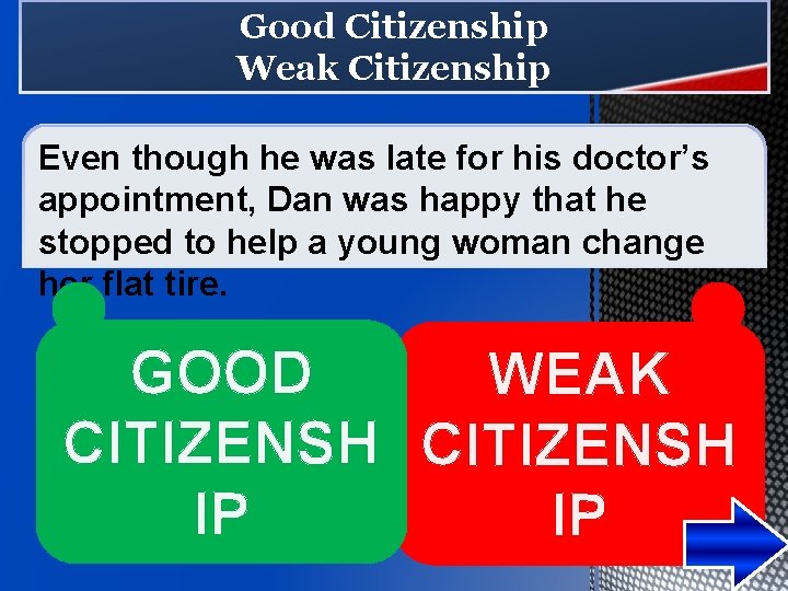 Good Citizenship Weak Citizenship Even though he was late for his doctor’s appointment, Dan