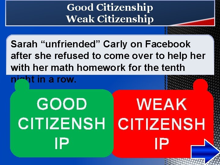 Good Citizenship Weak Citizenship Sarah “unfriended” Carly on Facebook after she refused to come