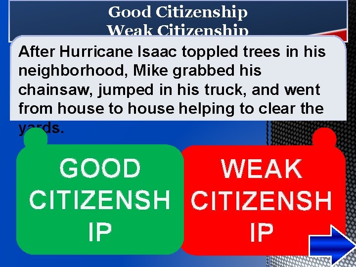 Good Citizenship Weak Citizenship After Hurricane Isaac toppled trees in his neighborhood, Mike grabbed