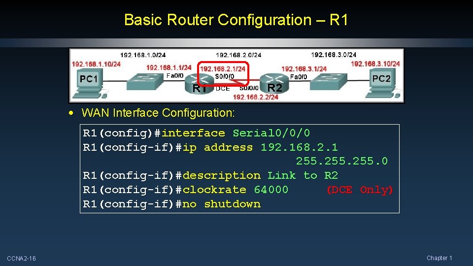 Basic Router Configuration – R 1 • WAN Interface Configuration: R 1(config)#interface Serial 0/0/0 Basic Router Configuration – R 1 • WAN Interface Configuration: R 1(config)#interface Serial 0/0/0