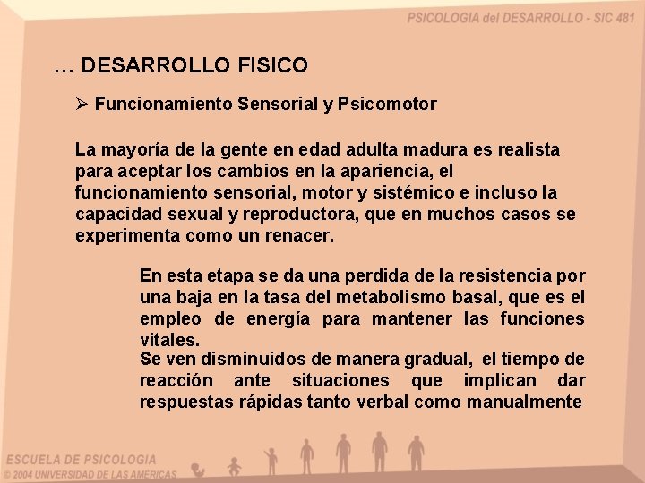 … DESARROLLO FISICO Ø Funcionamiento Sensorial y Psicomotor La mayoría de la gente en