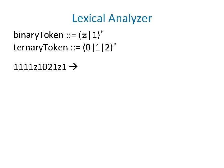 Lexical Analyzer binary. Token : : = (z|1)* ternary. Token : : = (0|1|2)* Lexical Analyzer binary. Token : : = (z|1)* ternary. Token : : = (0|1|2)*