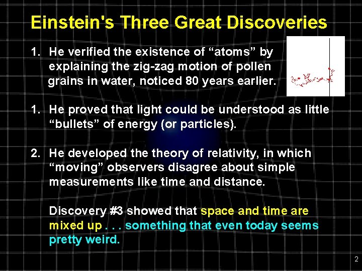 Einstein's Three Great Discoveries 1. He verified the existence of “atoms” by explaining the