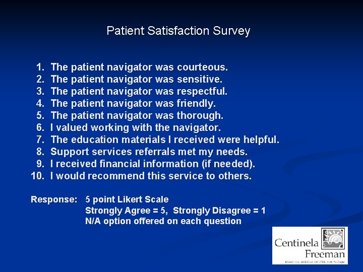 Patient Satisfaction Survey 1. 2. 3. 4. 5. 6. 7. 8. 9. 10. The