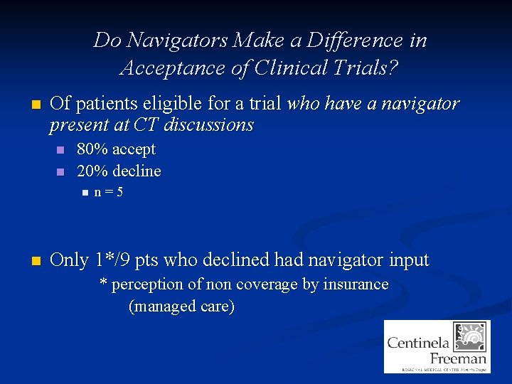 Do Navigators Make a Difference in Acceptance of Clinical Trials? n Of patients eligible