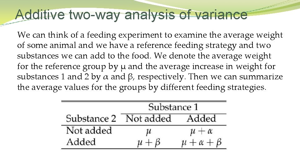 Additive two-way analysis of variance We can think of a feeding experiment to examine