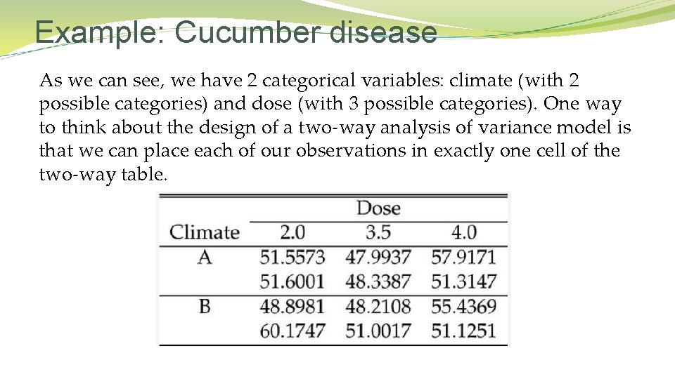 Example: Cucumber disease As we can see, we have 2 categorical variables: climate (with