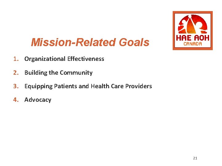 Mission-Related Goals 1. Organizational Effectiveness 2. Building the Community 3. Equipping Patients and Health