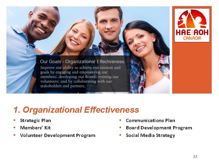 1. Organizational Effectiveness § Strategic Plan § Members’ Kit § Volunteer Development Program §