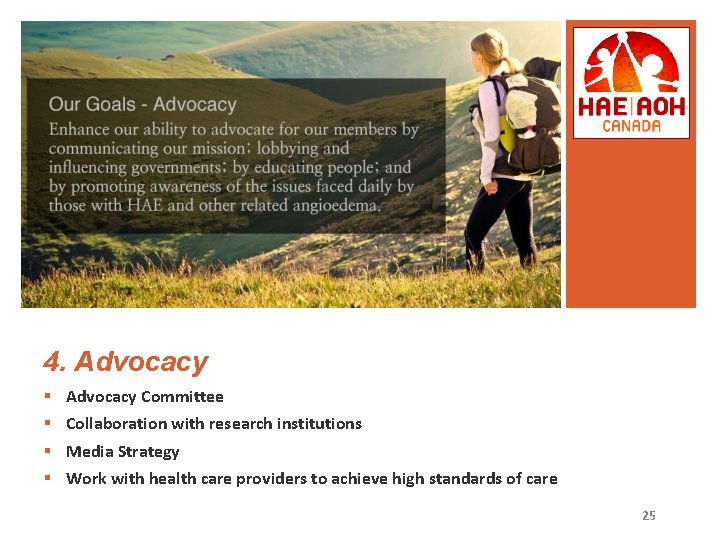 4. Advocacy § § Advocacy Committee Collaboration with research institutions Media Strategy Work with
