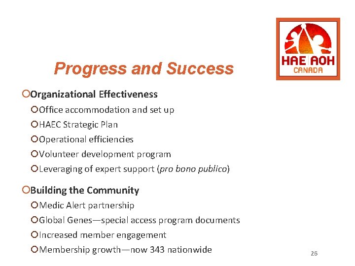 Progress and Success ¡Organizational Effectiveness ¡Office accommodation and set up ¡HAEC Strategic Plan ¡Operational
