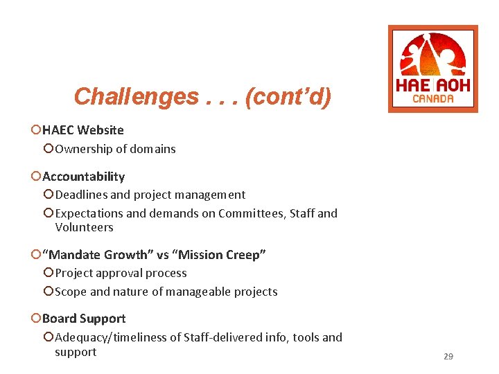 Challenges. . . (cont’d) ¡HAEC Website ¡ Ownership of domains ¡Accountability ¡ Deadlines and