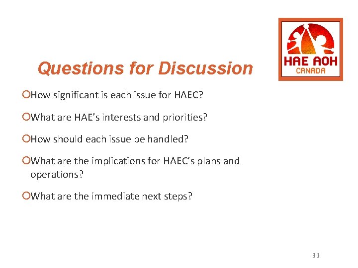 Questions for Discussion ¡How significant is each issue for HAEC? ¡What are HAE’s interests