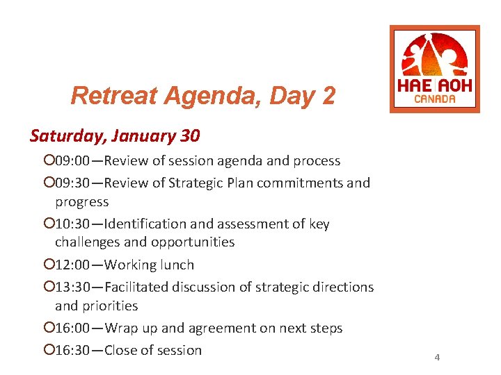 Retreat Agenda, Day 2 Saturday, January 30 ¡ 09: 00—Review of session agenda and