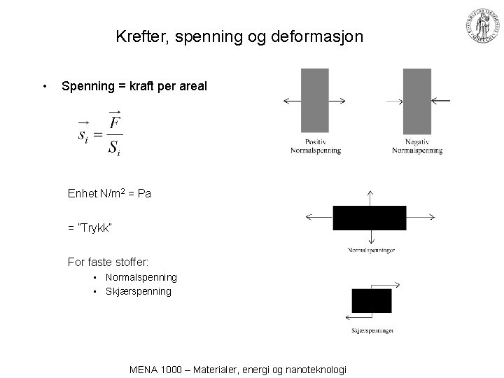 Krefter, spenning og deformasjon • Spenning = kraft per areal Enhet N/m 2 =