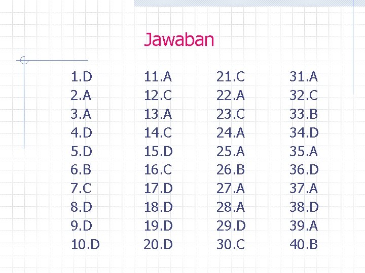 Jawaban 1. D 2. A 3. A 4. D 5. D 6. B 7.