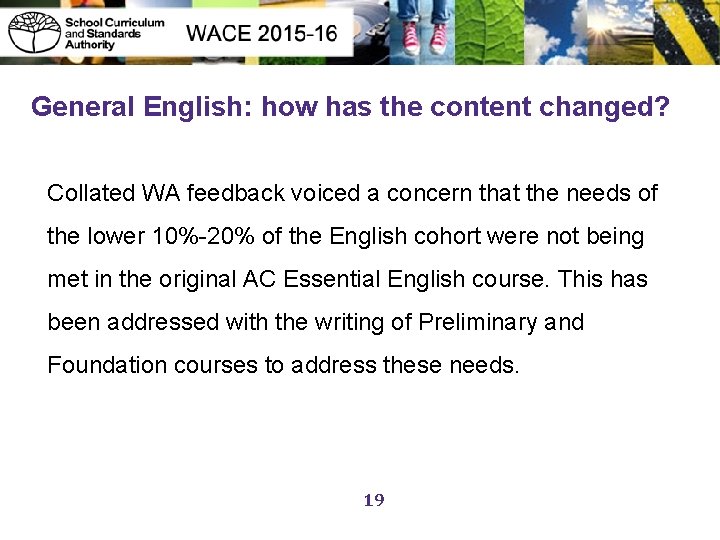 General English: how has the content changed? Collated WA feedback voiced a concern that