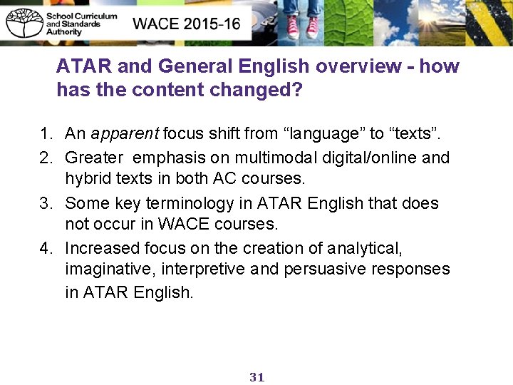 ATAR and General English overview - how has the content changed? 1. An apparent