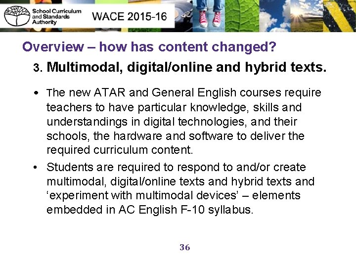 Overview – how has content changed? 3. Multimodal, digital/online and hybrid texts. • The