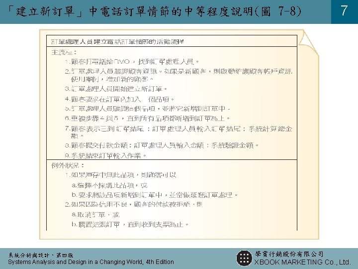 「建立新訂單」中電話訂單情節的中等程度說明(圖 7 -8) 系統分析與設計,第四版 Systems Analysis and Design in a Changing World, 4 th 「建立新訂單」中電話訂單情節的中等程度說明(圖 7 -8) 系統分析與設計,第四版 Systems Analysis and Design in a Changing World, 4 th
