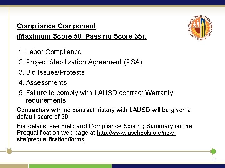 Compliance Component (Maximum Score 50, Passing Score 35): 1. Labor Compliance 2. Project Stabilization