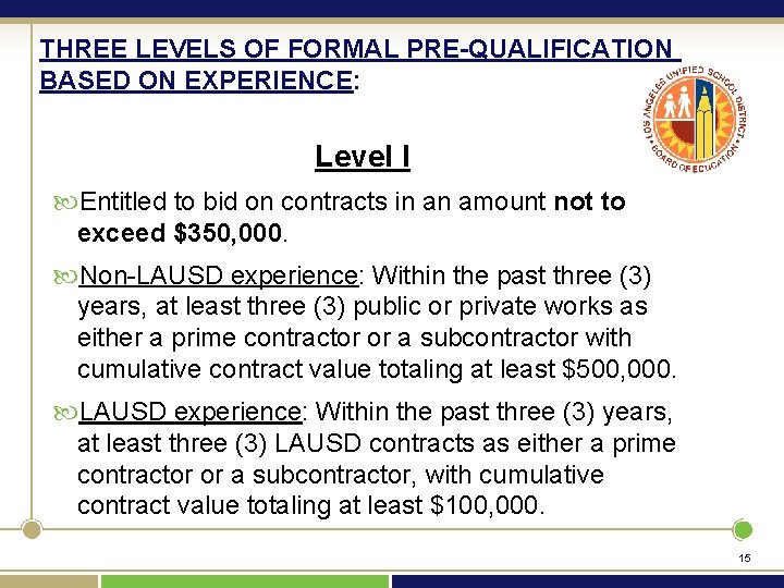 THREE LEVELS OF FORMAL PRE-QUALIFICATION BASED ON EXPERIENCE: Level I Entitled to bid on