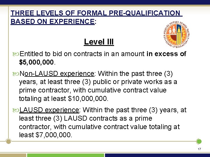 THREE LEVELS OF FORMAL PRE-QUALIFICATION BASED ON EXPERIENCE: Level III Entitled to bid on