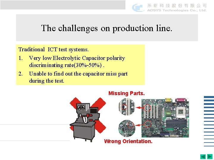 The challenges on production line. Traditional ICT test systems. 1. Very low Electrolytic Capacitor The challenges on production line. Traditional ICT test systems. 1. Very low Electrolytic Capacitor