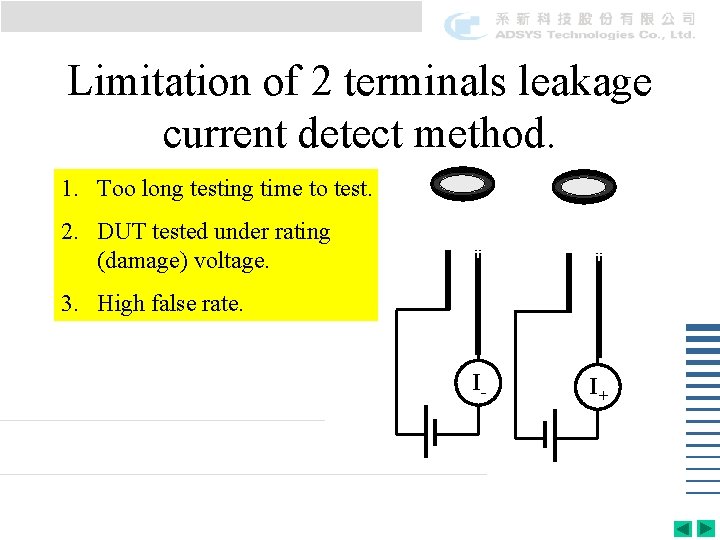 Limitation of 2 terminals leakage current detect method. 1. Too long testing time to Limitation of 2 terminals leakage current detect method. 1. Too long testing time to