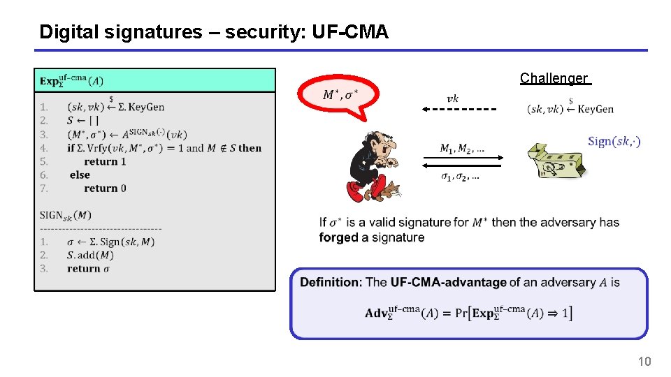 Digital signatures – security: UF-CMA Challenger 10 