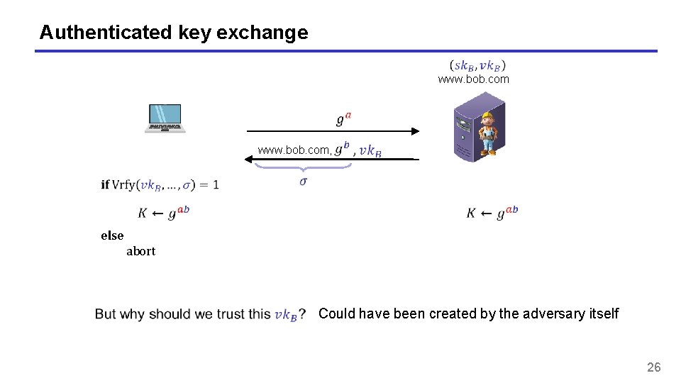 Authenticated key exchange www. bob. com, else abort Could have been created by the