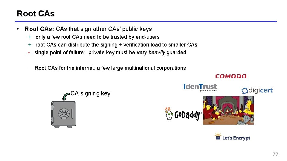 Root CAs • Root CAs: CAs that sign other CAs' public keys + only
