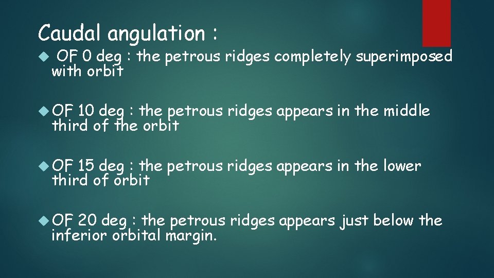 Caudal angulation : OF 0 deg : the petrous ridges completely superimposed with orbit
