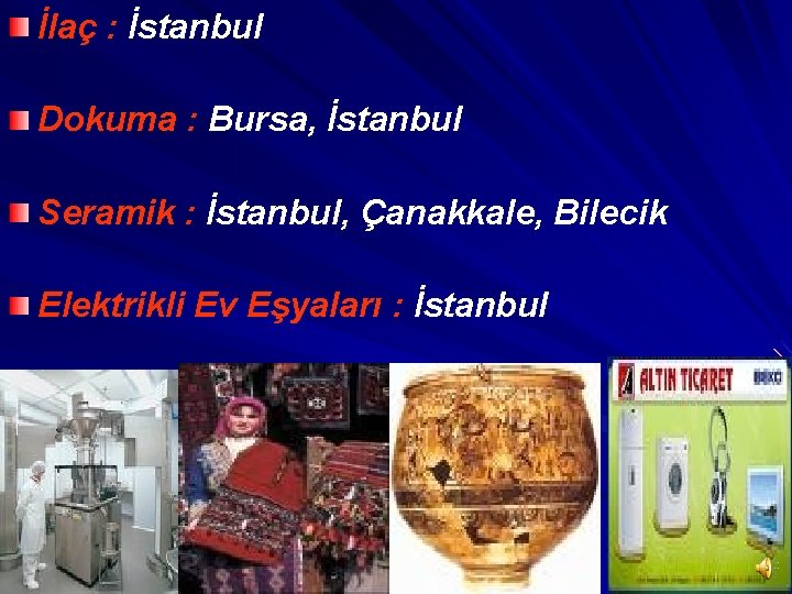 İlaç : İstanbul Dokuma : Bursa, İstanbul Seramik : İstanbul, Çanakkale, Bilecik Elektrikli Ev