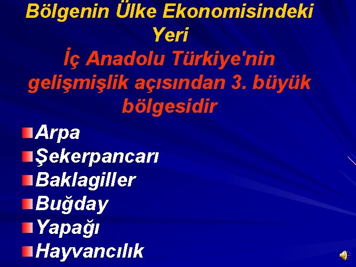 Bölgenin Ülke Ekonomisindeki Yeri İç Anadolu Türkiye'nin gelişmişlik açısından 3. büyük bölgesidir Arpa Şekerpancarı