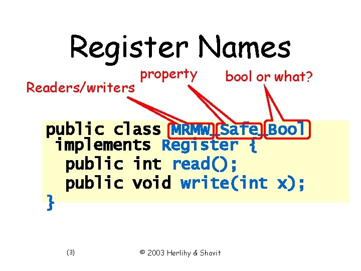 Register Names Readers/writers property bool or what? public class MRMW_Safe_Bool implements Register { public