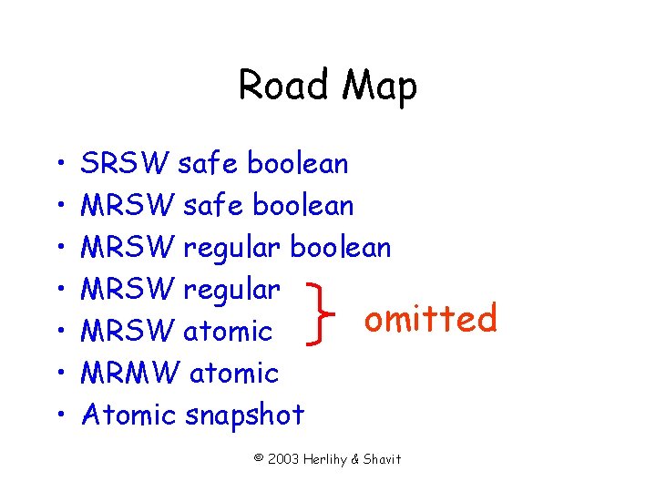 Road Map • • SRSW safe boolean MRSW regular omitted MRSW atomic MRMW atomic