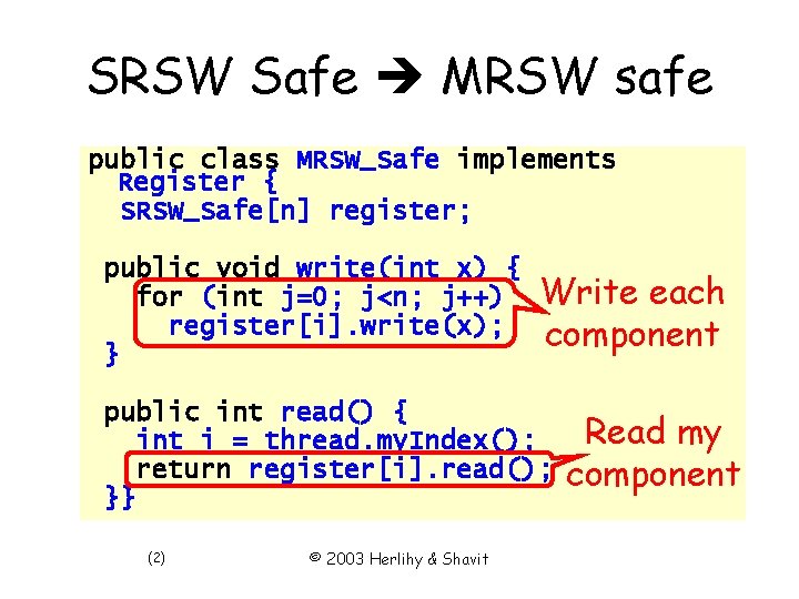 SRSW Safe MRSW safe public class MRSW_Safe implements Register { SRSW_Safe[n] register; public void