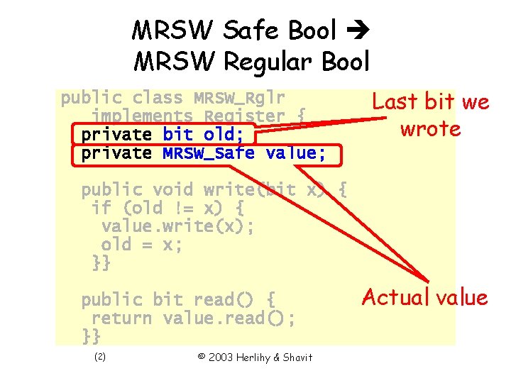 MRSW Safe Bool MRSW Regular Bool public class MRSW_Rglr implements Register { private bit