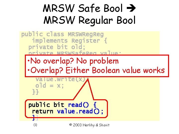MRSW Safe Bool MRSW Regular Bool public class MRSWReg. Reg implements Register { private