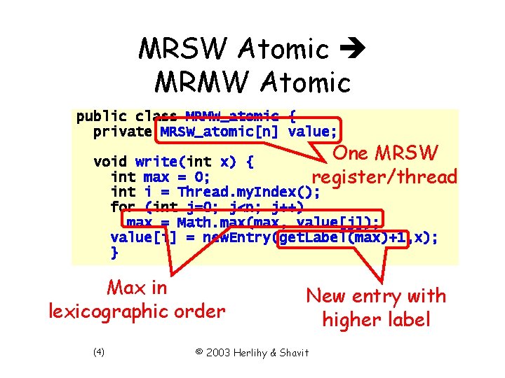 MRSW Atomic MRMW Atomic public class MRMW_atomic { private MRSW_atomic[n] value; One MRSW void