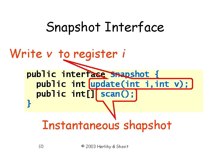 Snapshot Interface Write v to register i public interface Snapshot { public int update(int