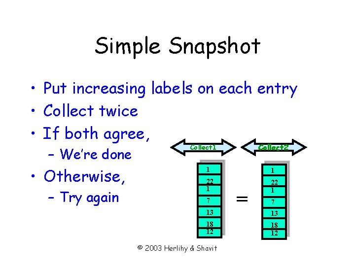 Simple Snapshot • Put increasing labels on each entry • Collect twice • If