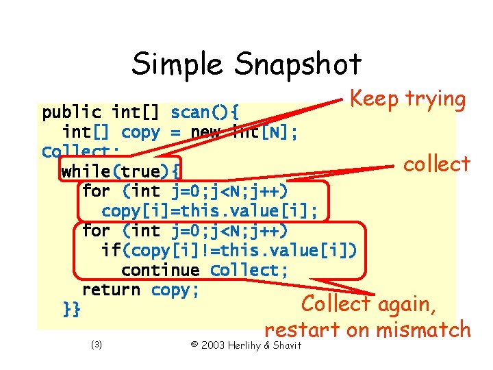 Simple Snapshot Keep trying public int[] scan(){ int[] copy = new int[N]; Collect: while(true){