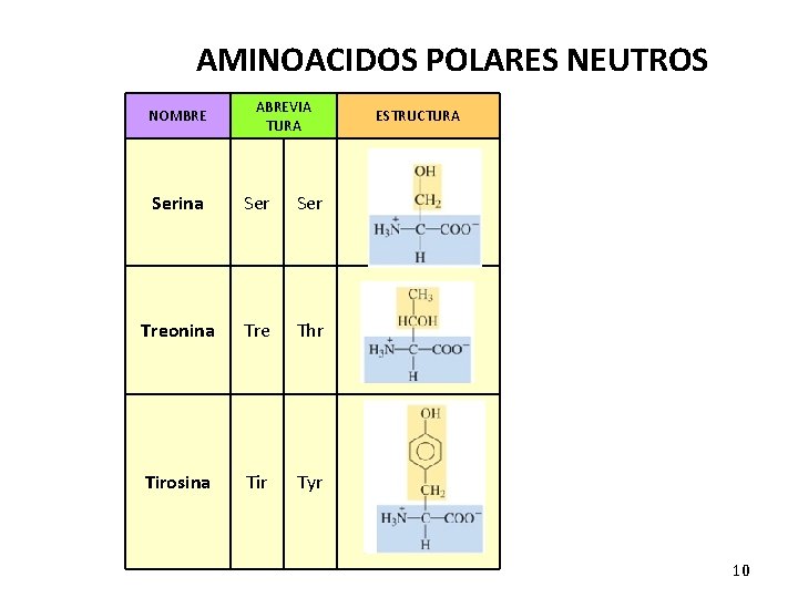 AMINOACIDOS POLARES NEUTROS NOMBRE ABREVIA TURA Serina Ser Treonina Tre Thr Tirosina Tir Tyr