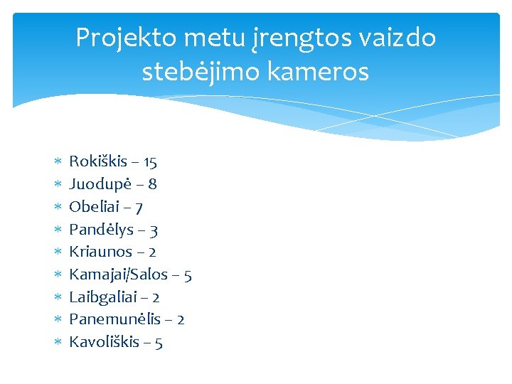 Projekto metu įrengtos vaizdo stebėjimo kameros Rokiškis – 15 Juodupė – 8 Obeliai –