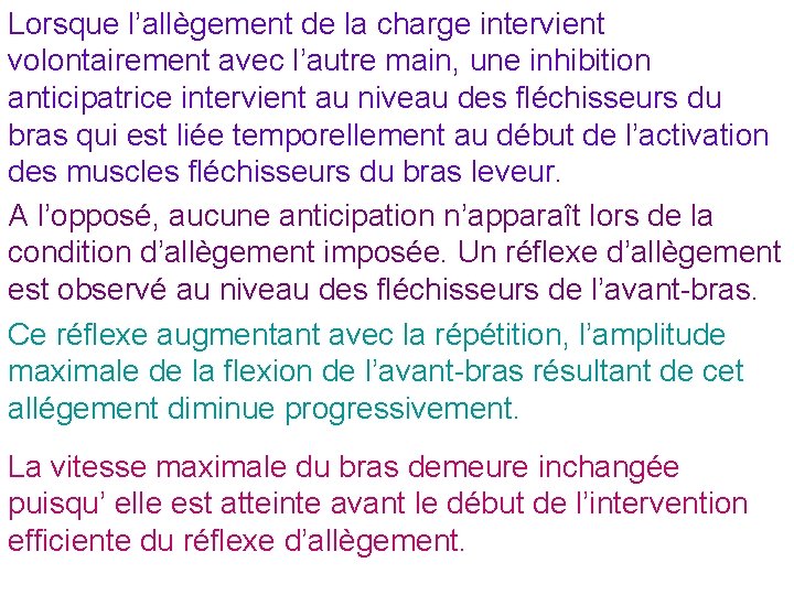 Lorsque l’allègement de la charge intervient volontairement avec l’autre main, une inhibition anticipatrice intervient