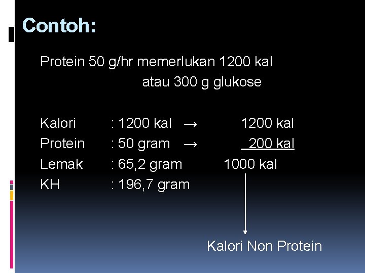 Contoh: Protein 50 g/hr memerlukan 1200 kal atau 300 g glukose Kalori Protein Lemak