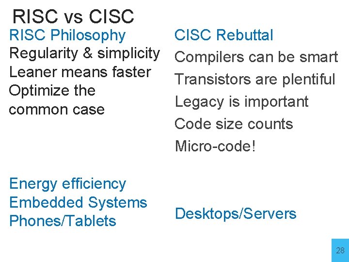 RISC vs CISC RISC Philosophy Regularity & simplicity Leaner means faster Optimize the common